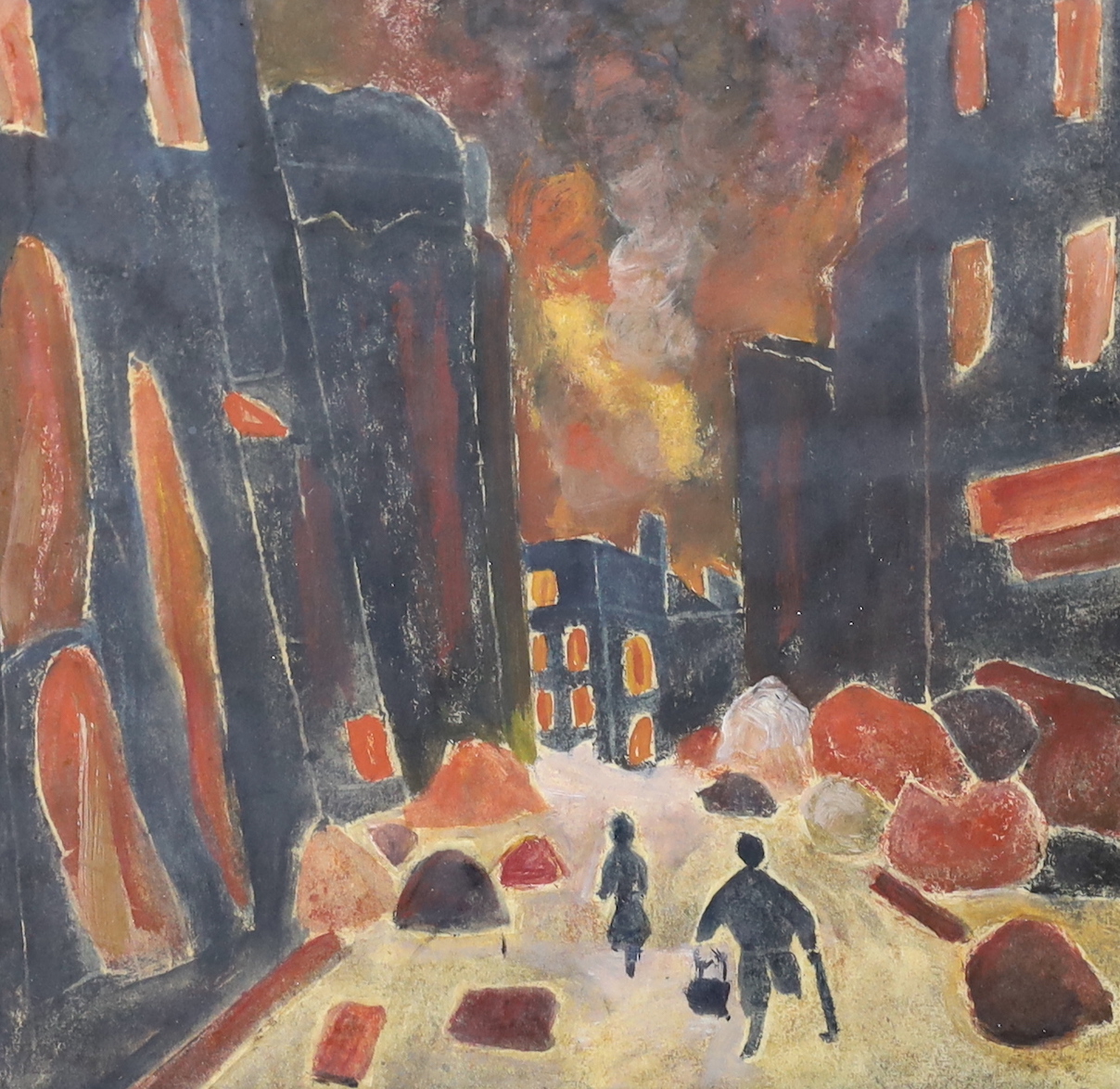 Powstume Watmacosku (Polish School, WW2), oil on paper, 'Warsaw in flames', label verso dated 1944, 27 x 28cm